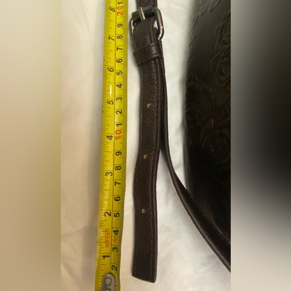 Retro Tooled Coffee Brown Leather Cowhide Two-Way Handbag Adjustable Strap EUC - Picture 13 of 16
